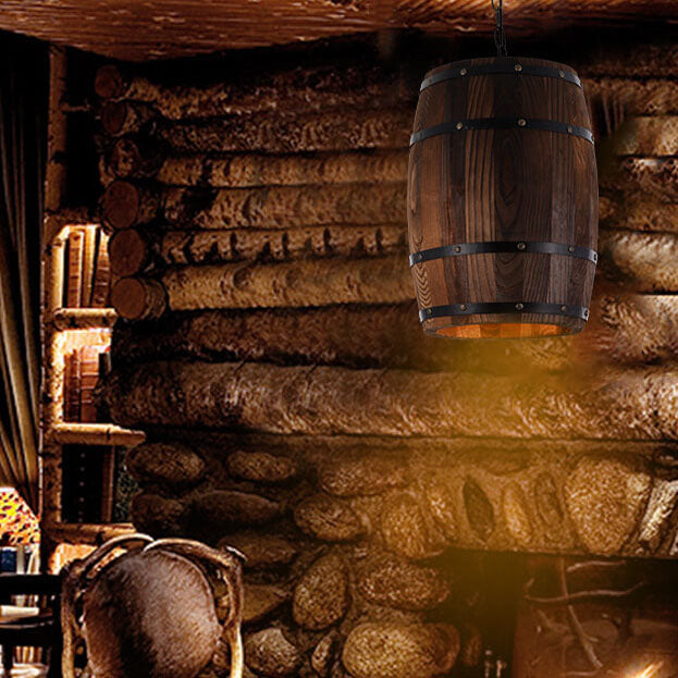 Traditional Rustic Round Wooden Wine Barrel 1-Light Single Barrel Pendant Light For Dining Room