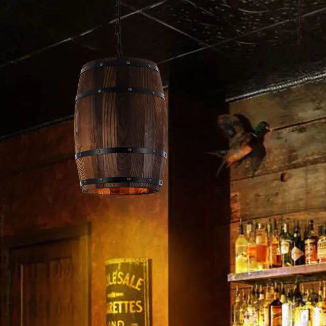 Traditional Rustic Round Wooden Wine Barrel 1-light Single Barrel Pendant Light for Dining Room Lumendat