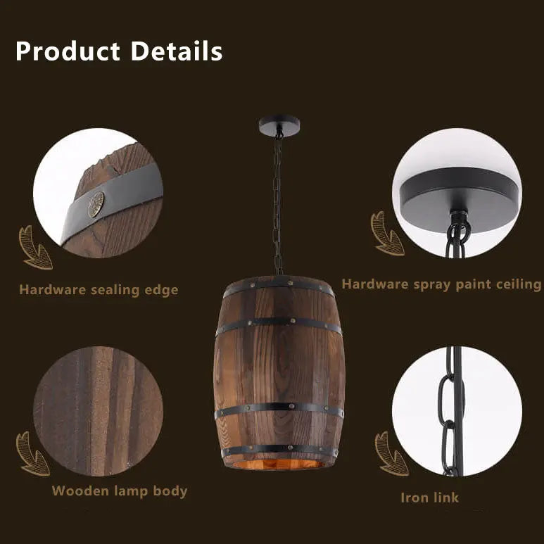 Traditional Rustic Round Wooden Wine Barrel 1-light Single Barrel Pendant Light for Dining Room Lumendat
