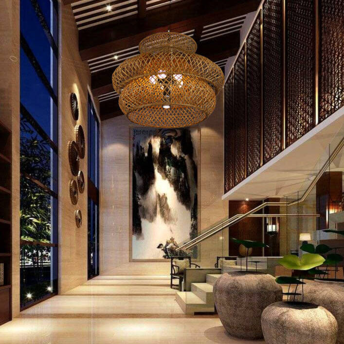 Retro Rattan 3-layer Woven Chandelier – 4 or 6 Light, Handcrafted