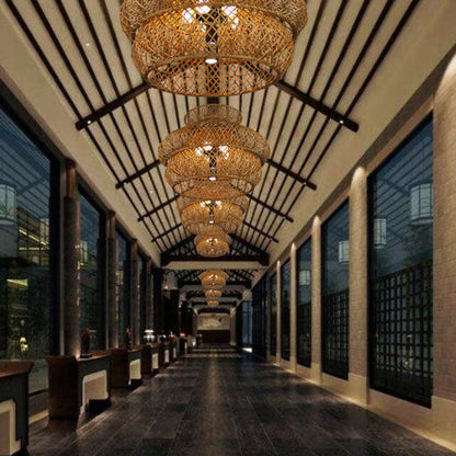 Retro Rattan 3-layer Woven Chandelier – 4 or 6 Light, Handcrafted