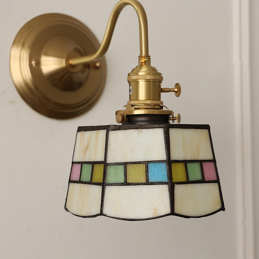 Traditional Tiffany Round Copper Glass 1-Light Wall Sconce Lamp For Living Room