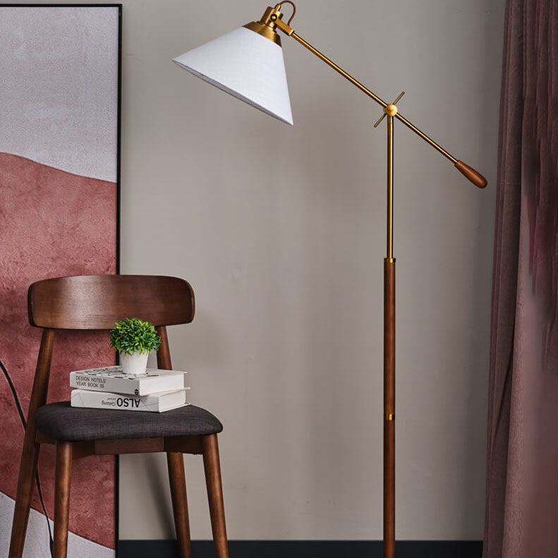 Traditional Vintage Fabric Cone Metal Ash Wood 1-Light Standing Floor Lamp For Bedroom Lumendat