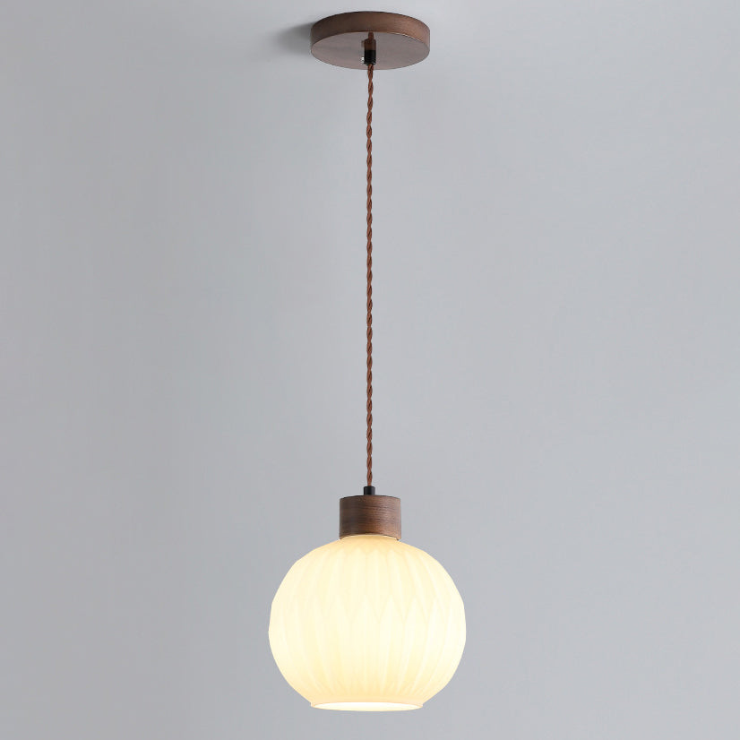 Traditional Japanese Walnut Glass Ball Round Bottle Ribbed 1-light Pendant Light for Dining Room