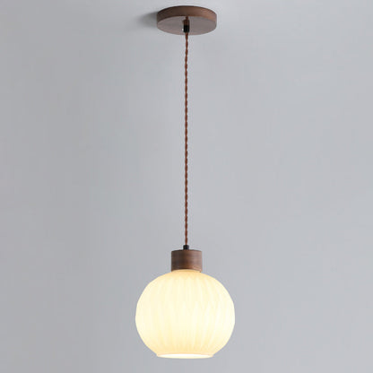 Traditional Japanese Walnut Glass Ball Round Bottle Ribbed 1-light Pendant Light for Dining Room