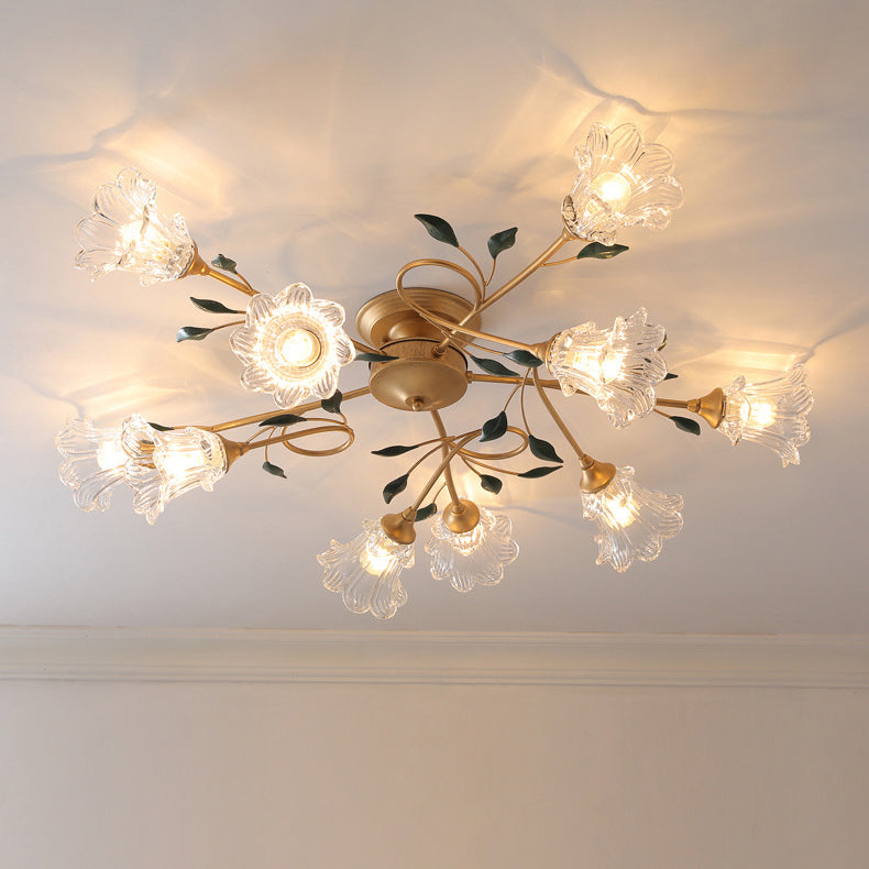 Traditional European Floral Iron Glass 6/8/10 Light Semi-flush Mount Ceiling Light for Bedroom