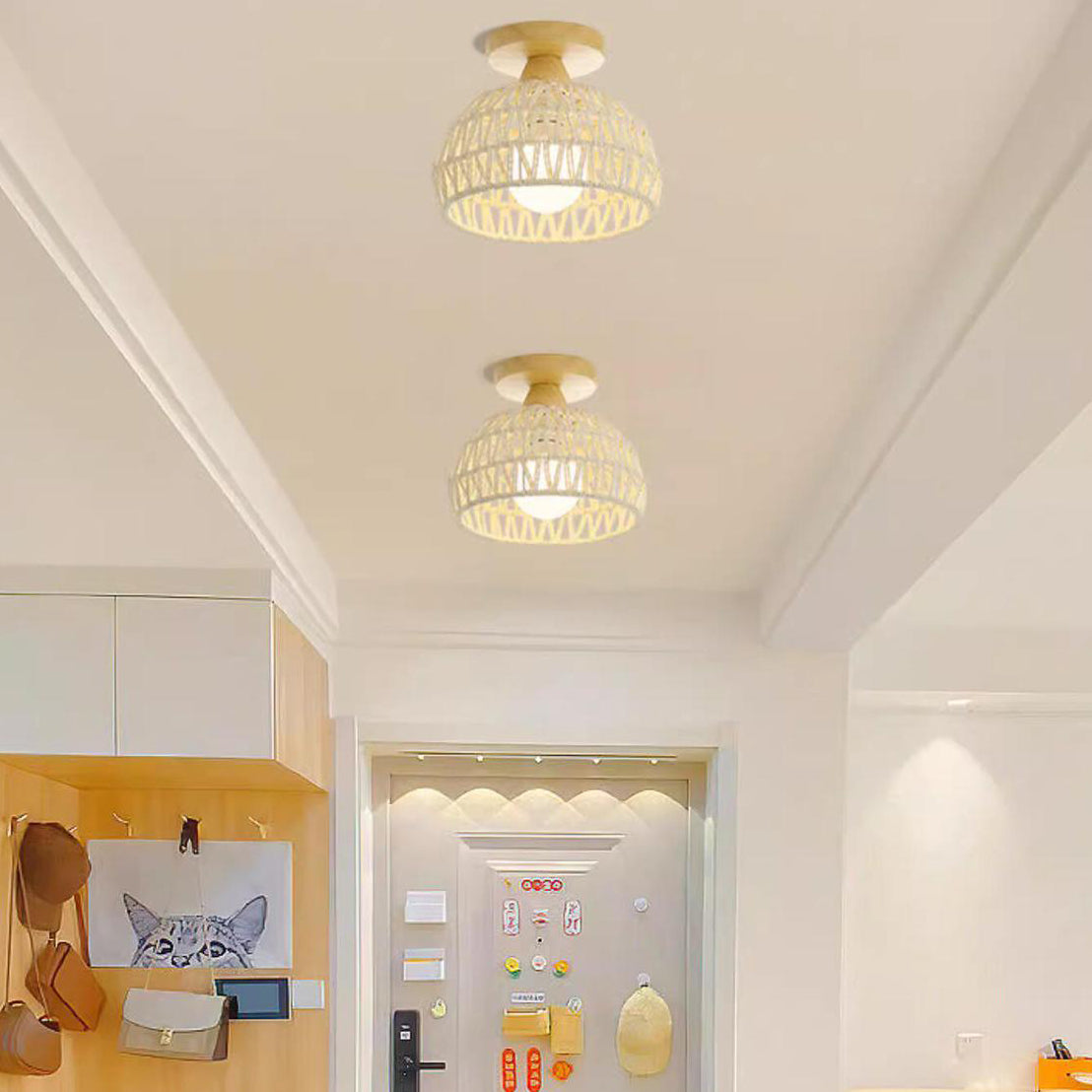 Traditional Japanese Rattan Art Round 1-Light Semi-Flush Mount Ceiling Light For Entryway Lumendat