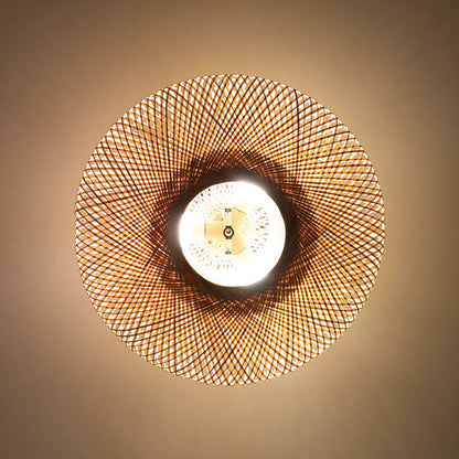Japanese Bamboo Weaving Round Flying Saucer 3-light Semi-flush Mount Light