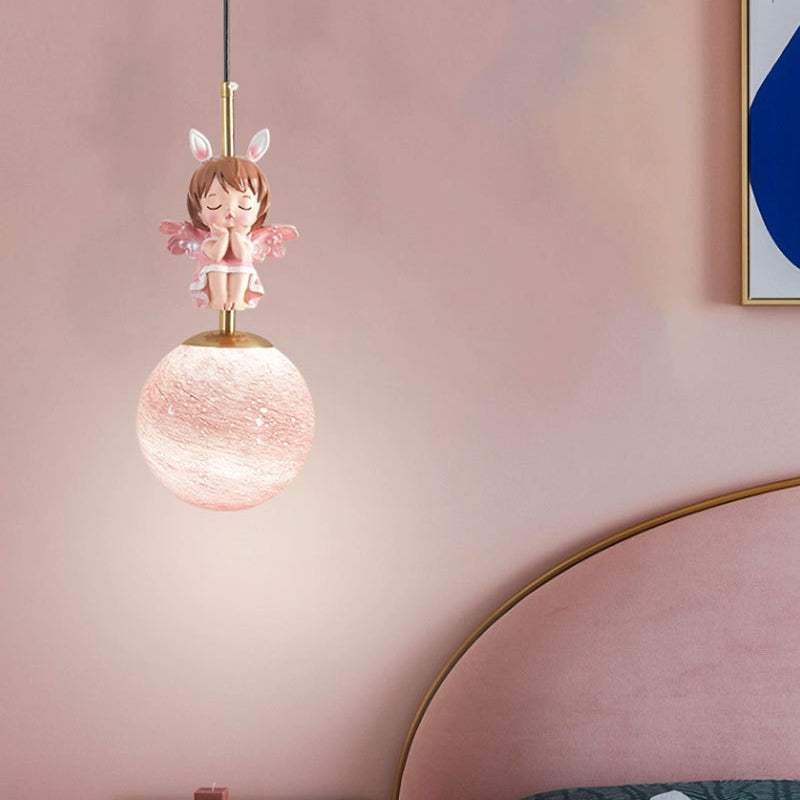 Lumendat Contemporary Nordic Kids Resin Glass Round Angel 1-Light Pendant Light For Bedside Lumendat