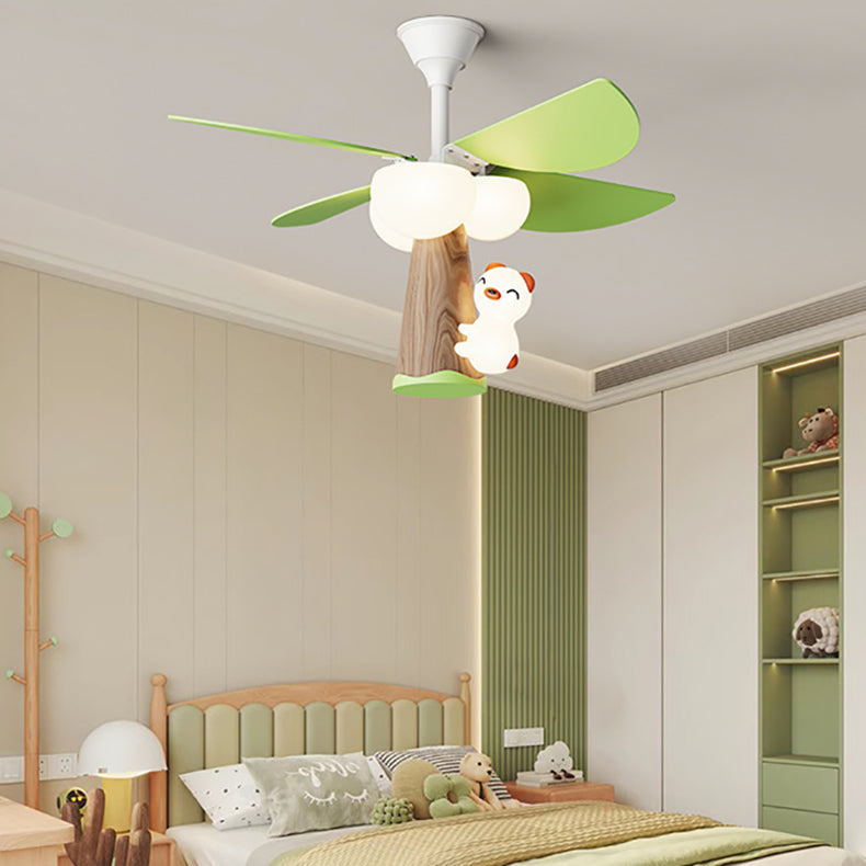 Lumendat Contemporary Creative Kids PVC Iron Wood Tree Bear LED Semi-Flush Mount Ceiling Fan Light For Bedroom Lumendat