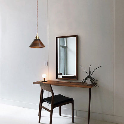 Japanese Vintage Walnut Brass Dome 1-Light Pendant Light