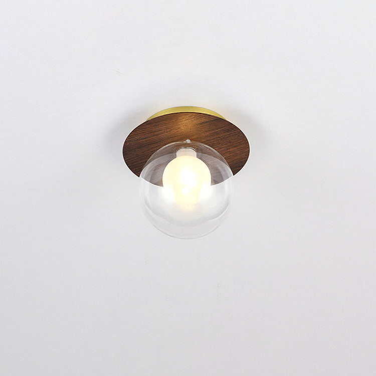 Japanese Minimalist Glass Iron Woodgrain 1-light Semi-flush Mount Ceiling Light