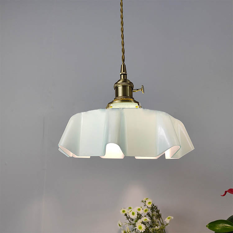 Traditional Japanese Cream Petal Glass Iron 1-Light Pendant Light For Dining Room