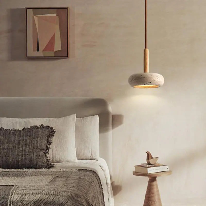 Contemporary Scandinavian Oval Solid Wood Yellow Travertine LED Pendant Light for Living Room BulbSquare