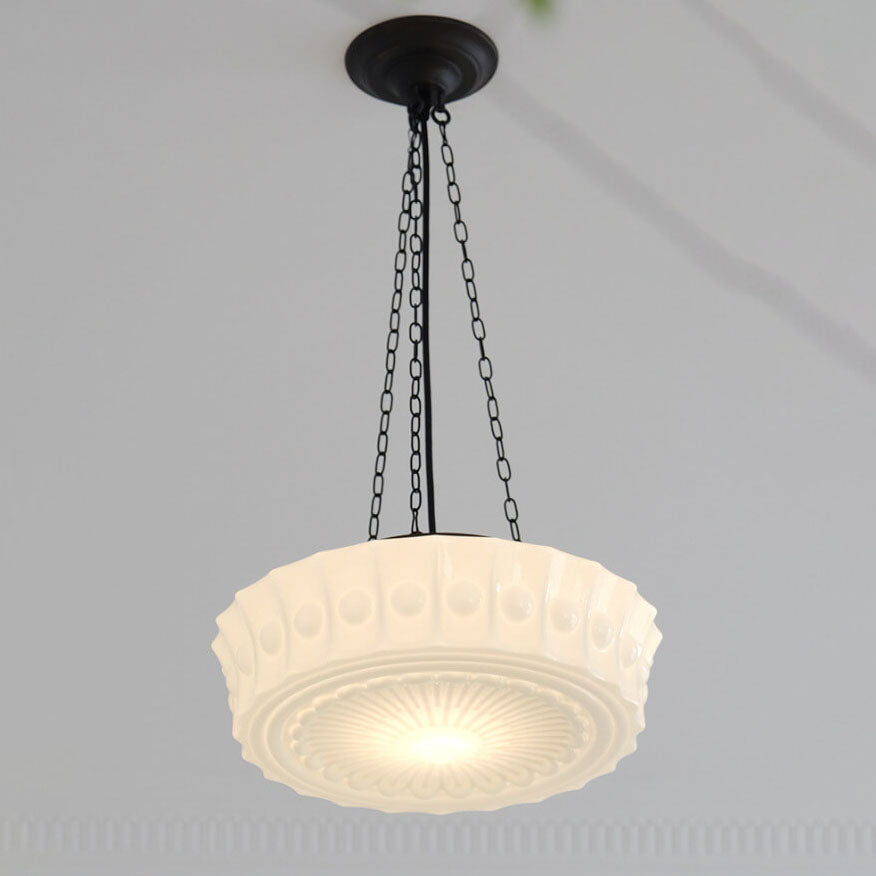 Traditional French Iron Glass Stripes Round Drum LED Semi-Flush Mount Ceiling Light For Living Room & Bedroom