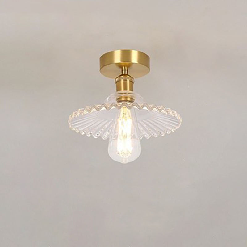 Japanese Vintage Glass Brass Lotus 1-Light Semi-Flush Mount Ceiling Light Lumendat