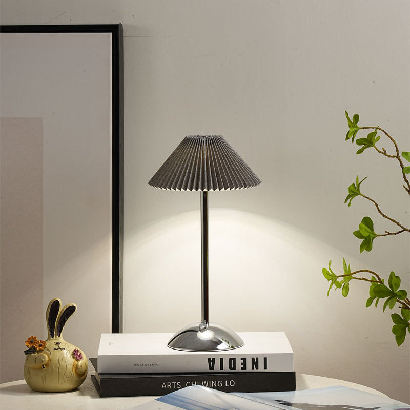 Contemporary Scandinavian Rechargeable Iron Fabric Conic Pleated 1-Light Table Lamp For Bedside Lumendat