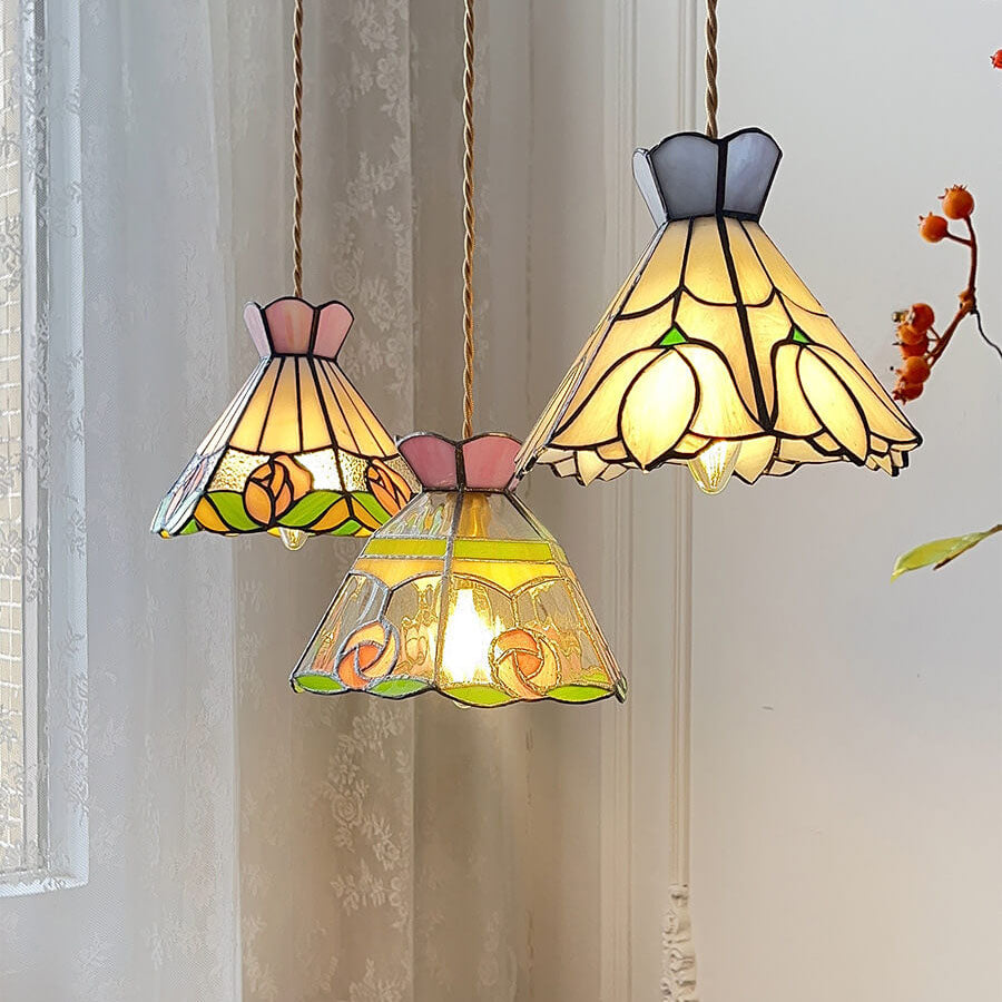 Vintage Tiffany Rose Flower Conical Stained Glass 1-light Pendant Light BulbSquare