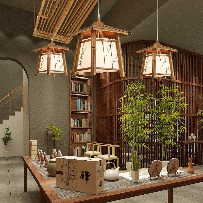 Japanese Rustic Vintage Bamboo Weaving 1-light Pendant Light BulbSquare