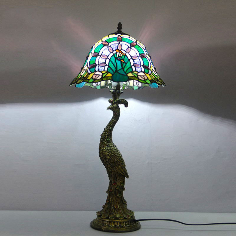 Vintage Tiffany Peacock Gem Dome Glass Resin 1-Light Table Lamp Lumendat