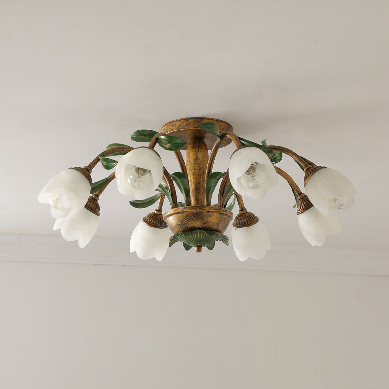 Traditional Rustic Floral Iron Glass 6/8/10 Light Semi-Flush Mount Ceiling Light For Living Room Lumendat