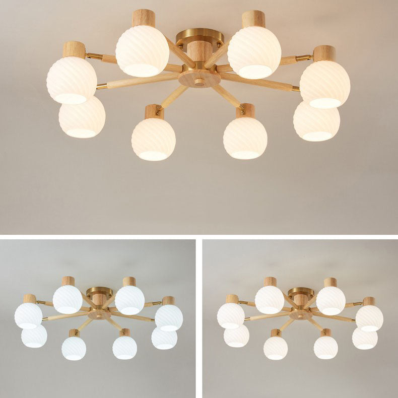 Traditional Japanese Wabi-sabi Rubberwood Hardware Glass 3/6/8-Light Flush Mount Lighting For Living Room Lumendat