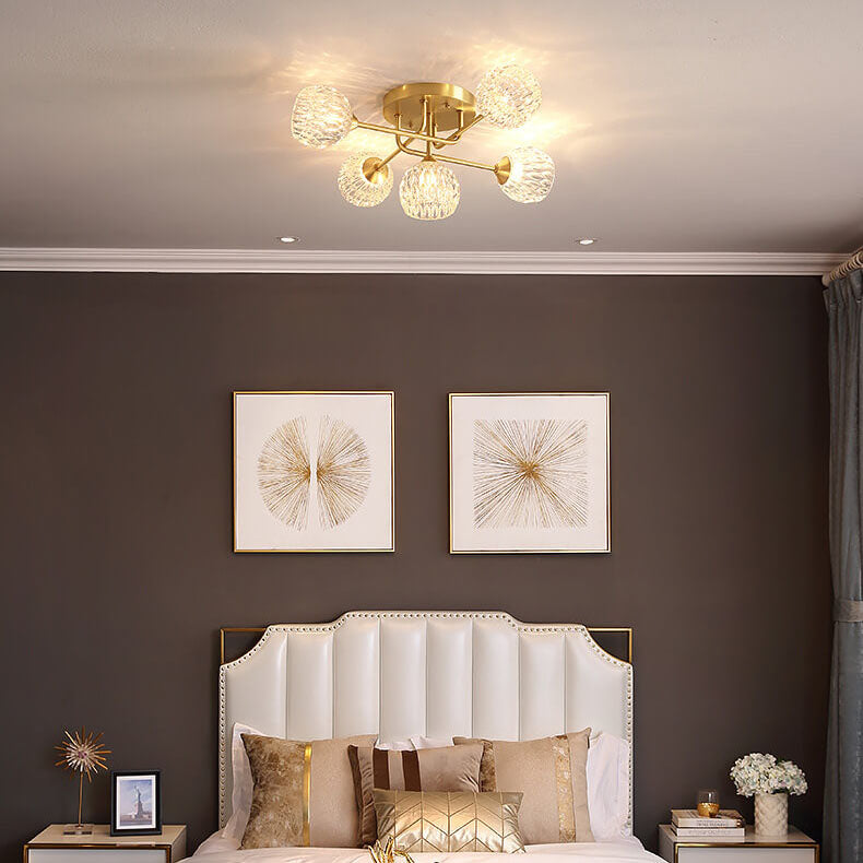 Mid-century Modern Round Copper Crystal Glass 5-light Semi-flush Mount Ceiling Light