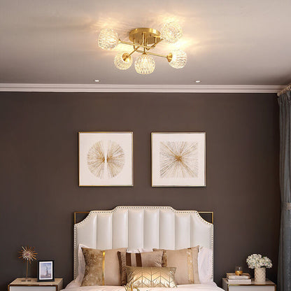 Mid-century Modern Round Copper Crystal Glass 5-light Semi-flush Mount Ceiling Light
