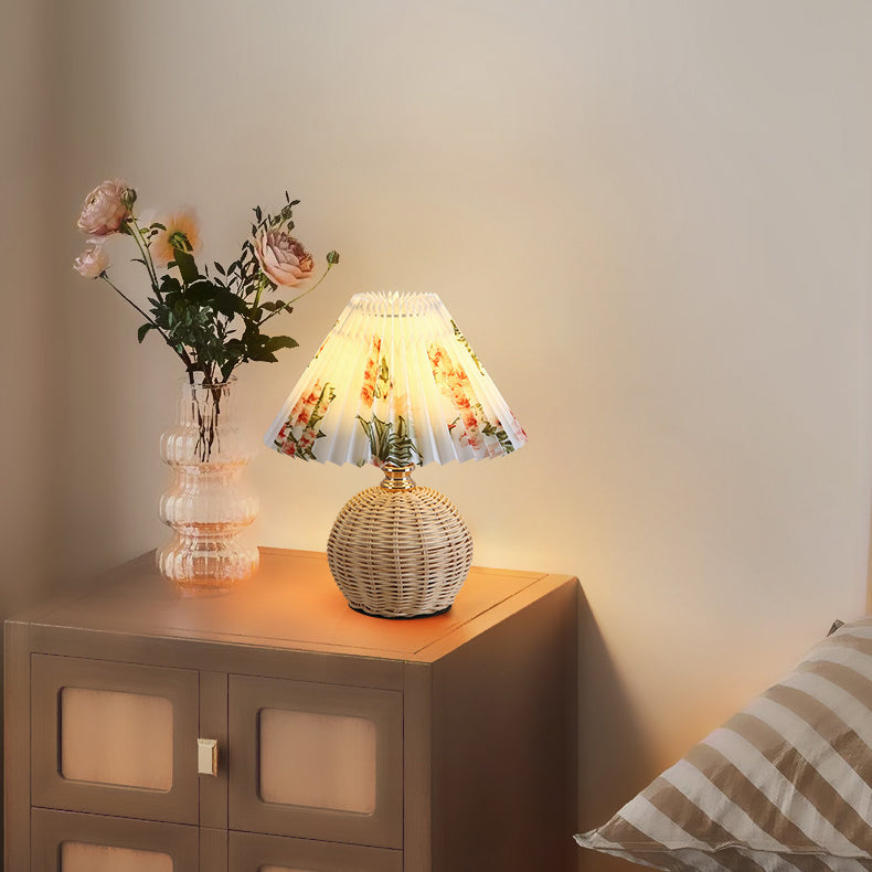Contemporary Nordic Rattan Fabric Pleated Conic Ball LED Table Lamp For Bedroom Lumendat