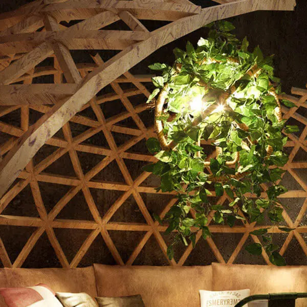 Industrial Vintage Simulation of Greenery Cherry Blossoms Iron Hemp Rope 3-light Chandelier Lumendat