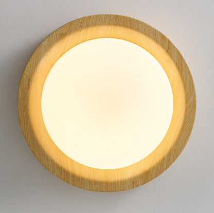 Traditional Japanese Round Glass Wood Grain LED Flush Mount Ceiling Light for Bedroom