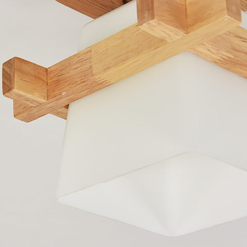 Traditional Japanese Wood Frame Glass Column 1-light Semi-flush Mount Ceiling Light for Living Room