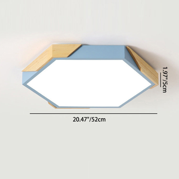 Contemporary Scandinavian Hexagonal Wood Grain Iron LED Flush Mount Ceiling Light for Bedroom