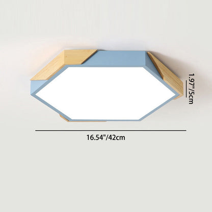 Contemporary Scandinavian Hexagonal Wood Grain Iron LED Flush Mount Ceiling Light for Bedroom