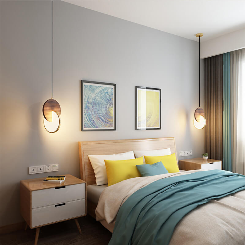 Modern Walnut Solid Wood Round Dish 1-light LED Pendant Light