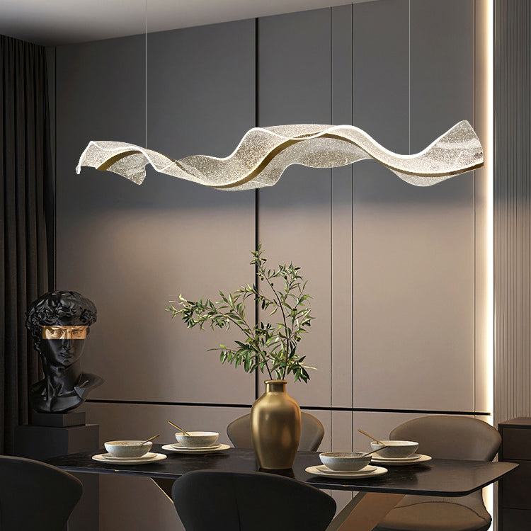 Contemporary Creative Rectangle Wave Ribbon Metal Acrylic LED Island Light Chandelier for Dining Room
