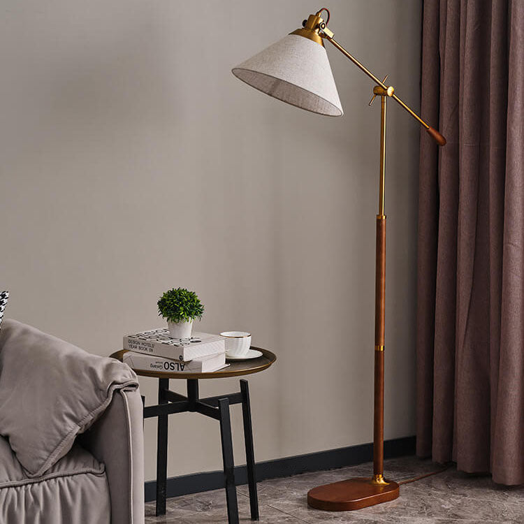 Traditional Vintage Fabric Cone Metal Ash Wood 1-Light Standing Floor Lamp For Bedroom Lumendat