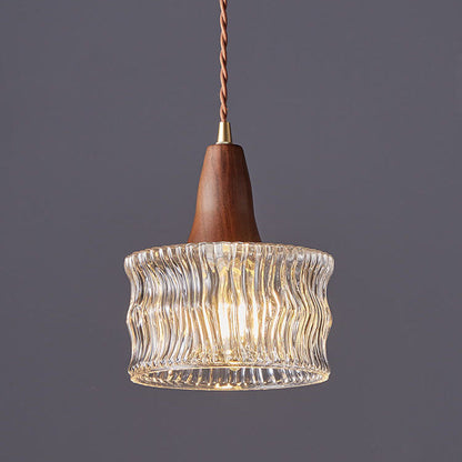 Nordic Vintage Glass Drum Jar Walnut Brass 1-Light Pendant Light