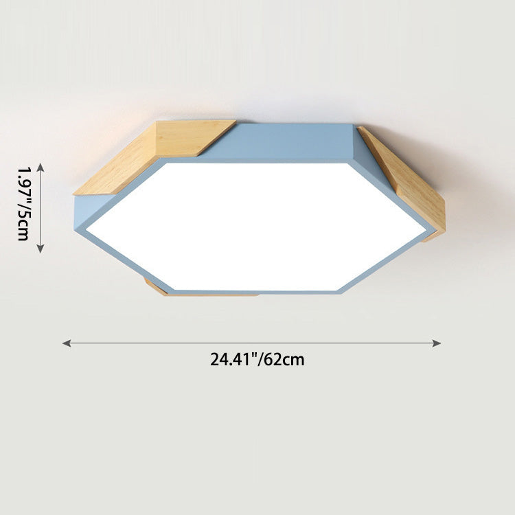 Contemporary Scandinavian Hexagonal Wood Grain Iron LED Flush Mount Ceiling Light for Bedroom