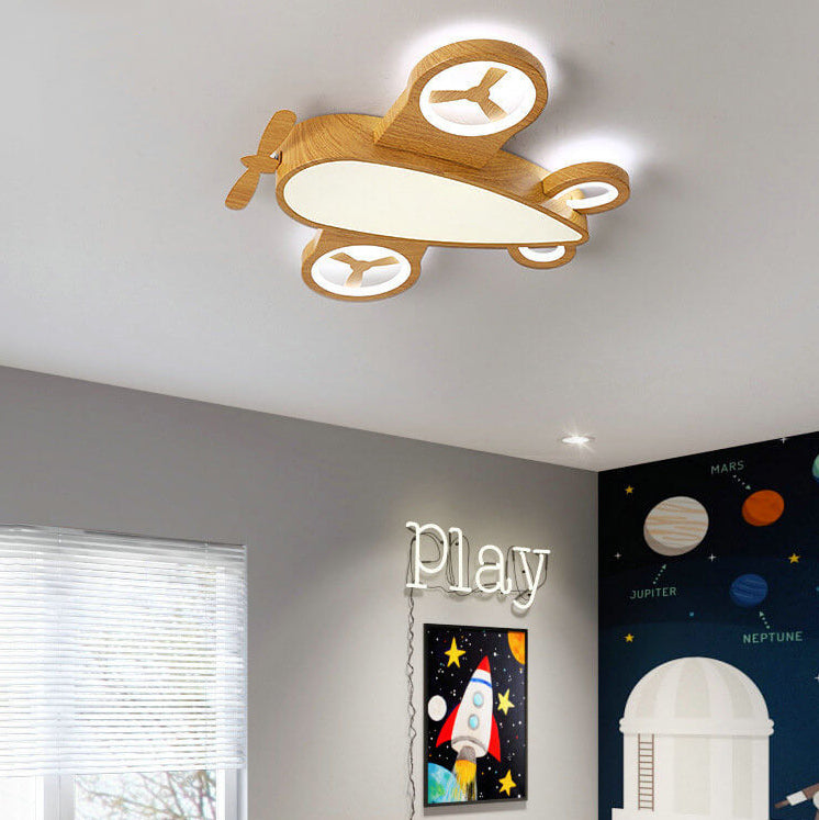 Cartoon Creative Wood Grain Aircraft LED Kids Flush Mount Ceiling Light BulbSquare