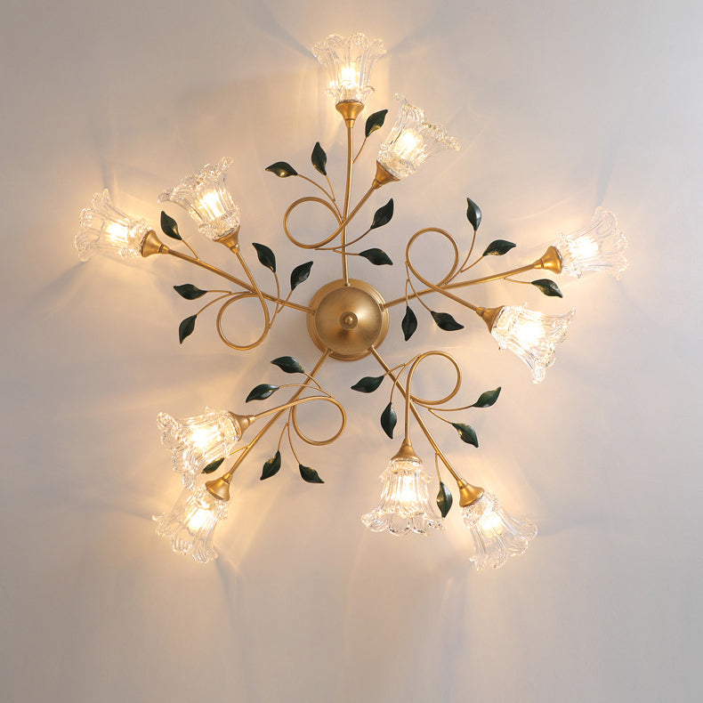 Traditional European Floral Iron Glass 6/8/10 Light Semi-flush Mount Ceiling Light for Bedroom
