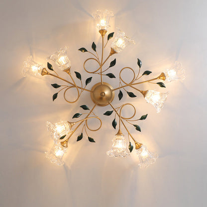 Traditional European Floral Iron Glass 6/8/10 Light Semi-flush Mount Ceiling Light for Bedroom