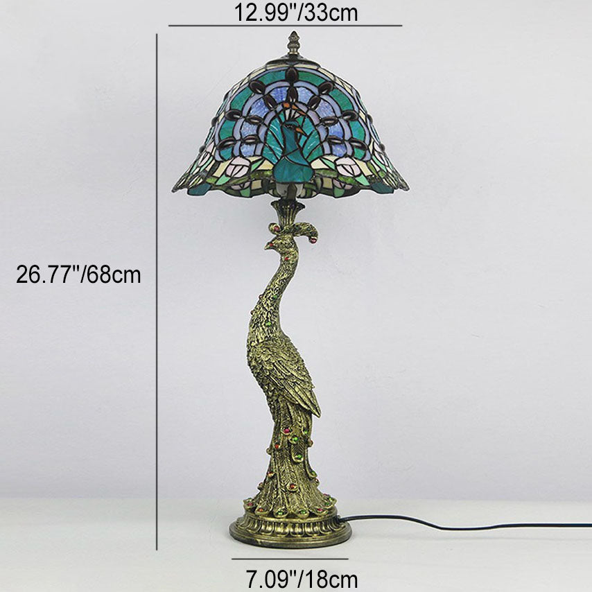 Vintage Tiffany Peacock Gem Dome Glass Resin 1-Light Table Lamp Lumendat