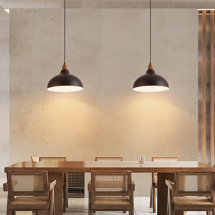 Japanese Simple Iron Dome Solid Wood Top 1-light Pendant Light BulbSquare