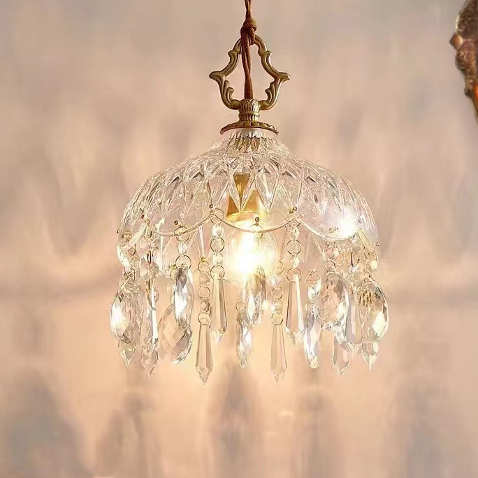 Modern Art Deco Brass Checkered Glass Shade Crystal Beads 1-light Pendant Light for Living Room