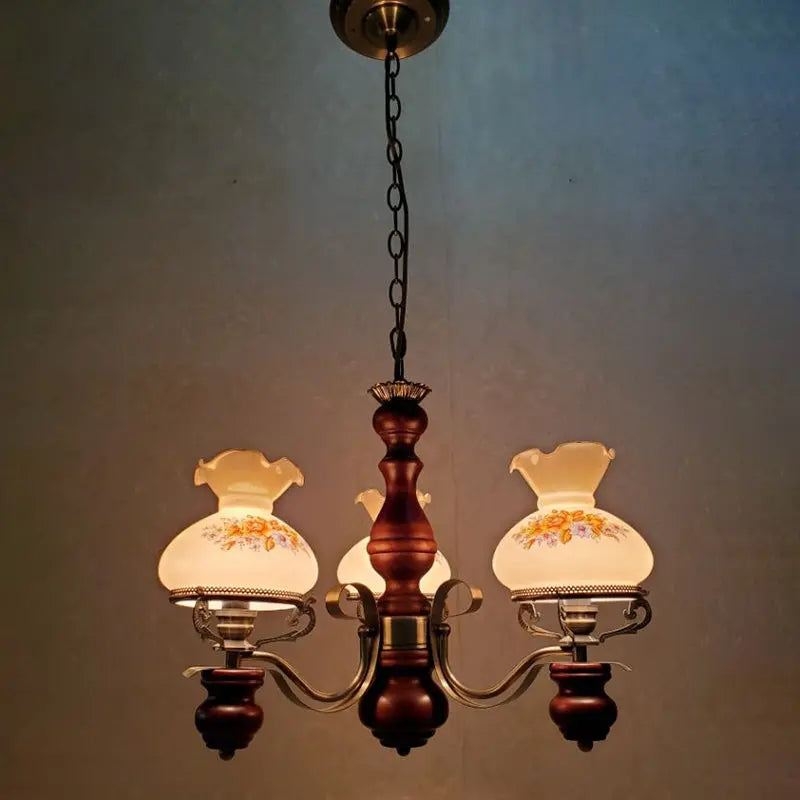 Traditional Rustic Candelabra Round Flower Iron Solid Wood 3-light Chandelier for Living Room BulbSquare
