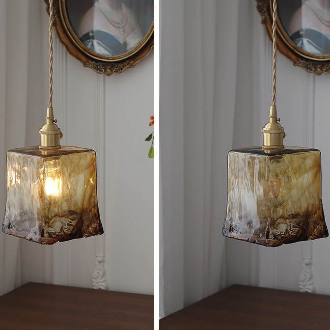 Modern Eclectic Amber Brass Glass Geometric Jar 1-light Pendant Light for Living Room BulbSquare