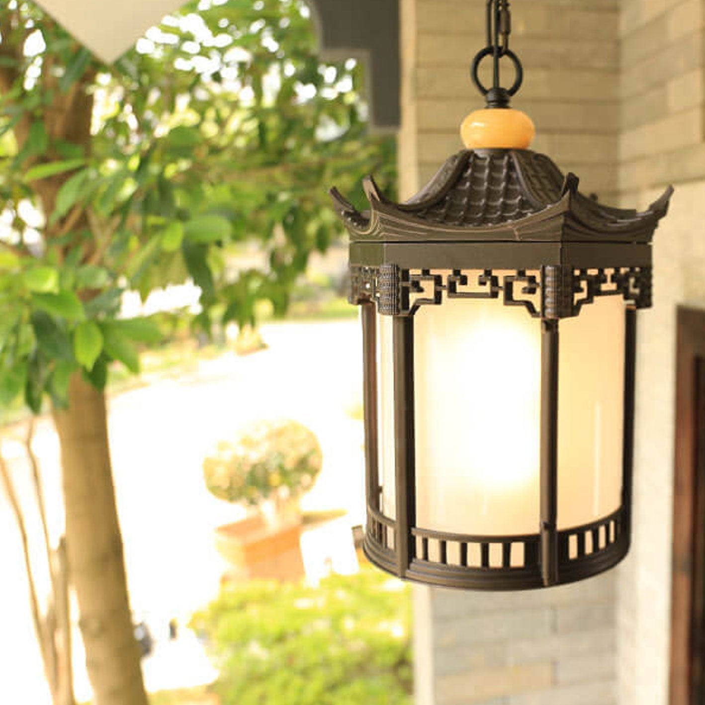 Retro Chinese Outdoor Waterproof Hexagonal Lantern 1-light Patio Pendant Light BulbSquare