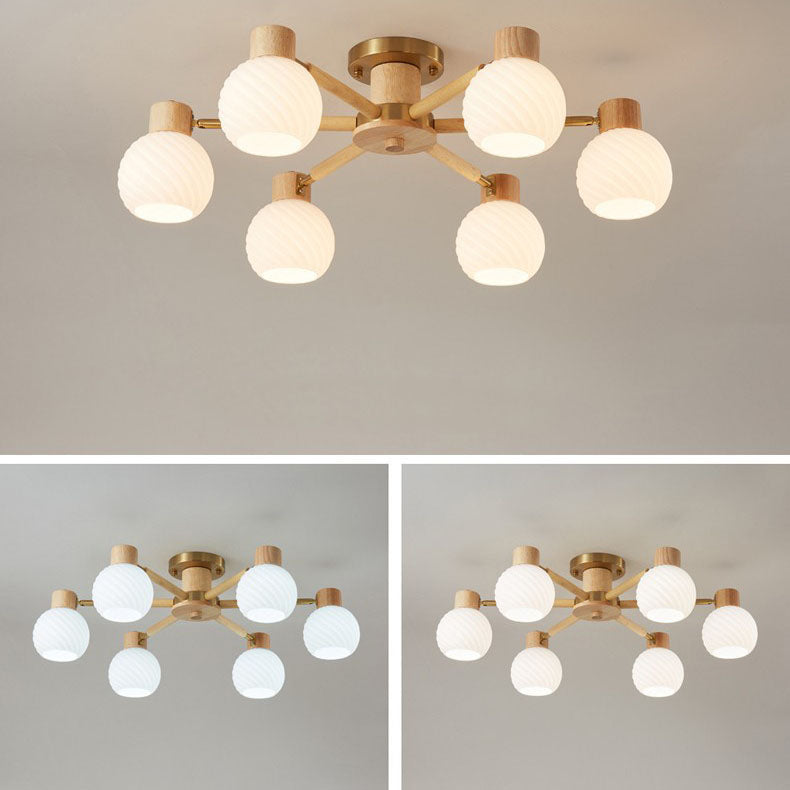 Traditional Japanese Wabi-sabi Rubberwood Hardware Glass 3/6/8-Light Flush Mount Lighting For Living Room Lumendat