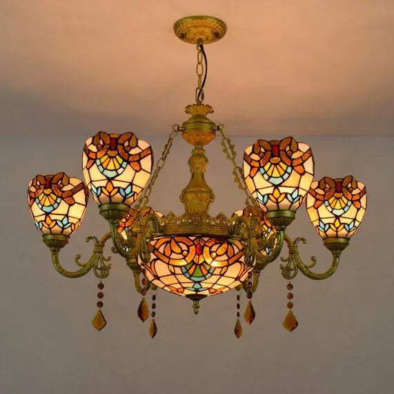 Traditional Tiffany Bead Dome Baroque Iron Glass Alloy 8/11 Light Chandeliers for Living Room BulbSquare